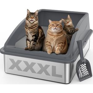 AIPERRO Stainless Steel Litter Box Extra Large for Big Cats and Multi-Cats | Jumbo Extra Large Metal Cat Box with High Sided Lid, Anti-Urine Leakage, Non-Stick,Include Litter Scoop