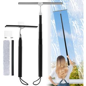 2 in 1 Window Squeegee, Shower Squeegee Window Cleaning Kit with Extension Pole Long Handle Squeegee for Shower Glass Floor Bathroom Home Outdoor, 12 inch Wide, Black