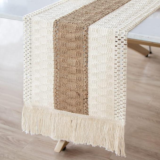 Macrame Table Runner, 87 x 14 Inches, Cotton Crochet Design with Tassels, Beige and White, Bohemian Farmhouse Style