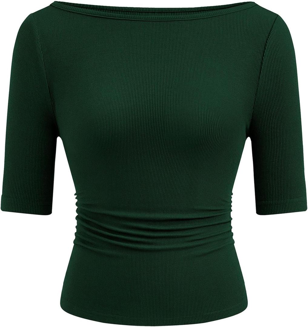 PRETTYGARDEN Womens Summer Short Sleeve Tops Boat Neck Ribbed Knit Slim Fit T Shirt Casual Basic Top 2026 Spring Clothes (X-Large, Dark Green)