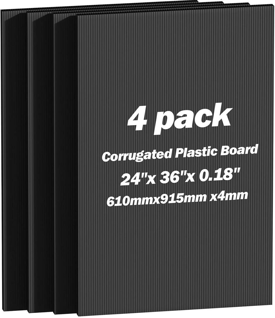 4 Pack Corrugated Plastic Board, 24"x 36"x 0.18" Corrugated Plastic Sheet, Waterproof Black Plastic Board for Indoor Outdoor Use, Poster Board for Garage Sale, Yard Sale, Party Decor