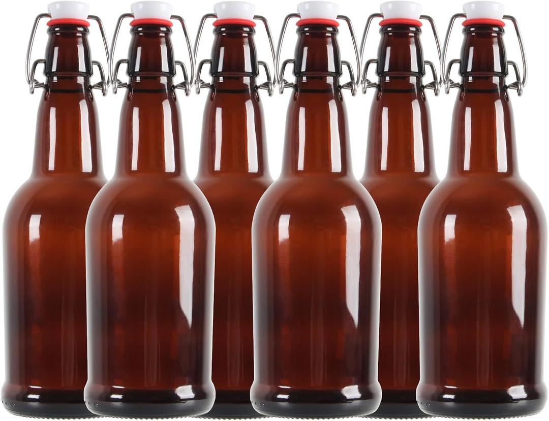 16oz - Swing Top Glass Bottles, Flip Top Glass Water Bottles for Fermentation, Kombucha, Oil, Vinegar, Vanilla Extract, Juice, Tea, Wine - Beer Brewing Bottle, 6 Pack