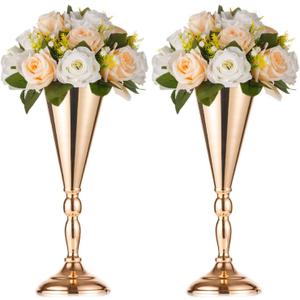 2 Pcs Set Metal Wedding Flower Trumpet Vase Stand, 14 inch Table Decorative Centerpiece Artificial Flower Arrangements for Anniversary Ceremony Party Birthday Event Aisle Home Decoration (Gold)