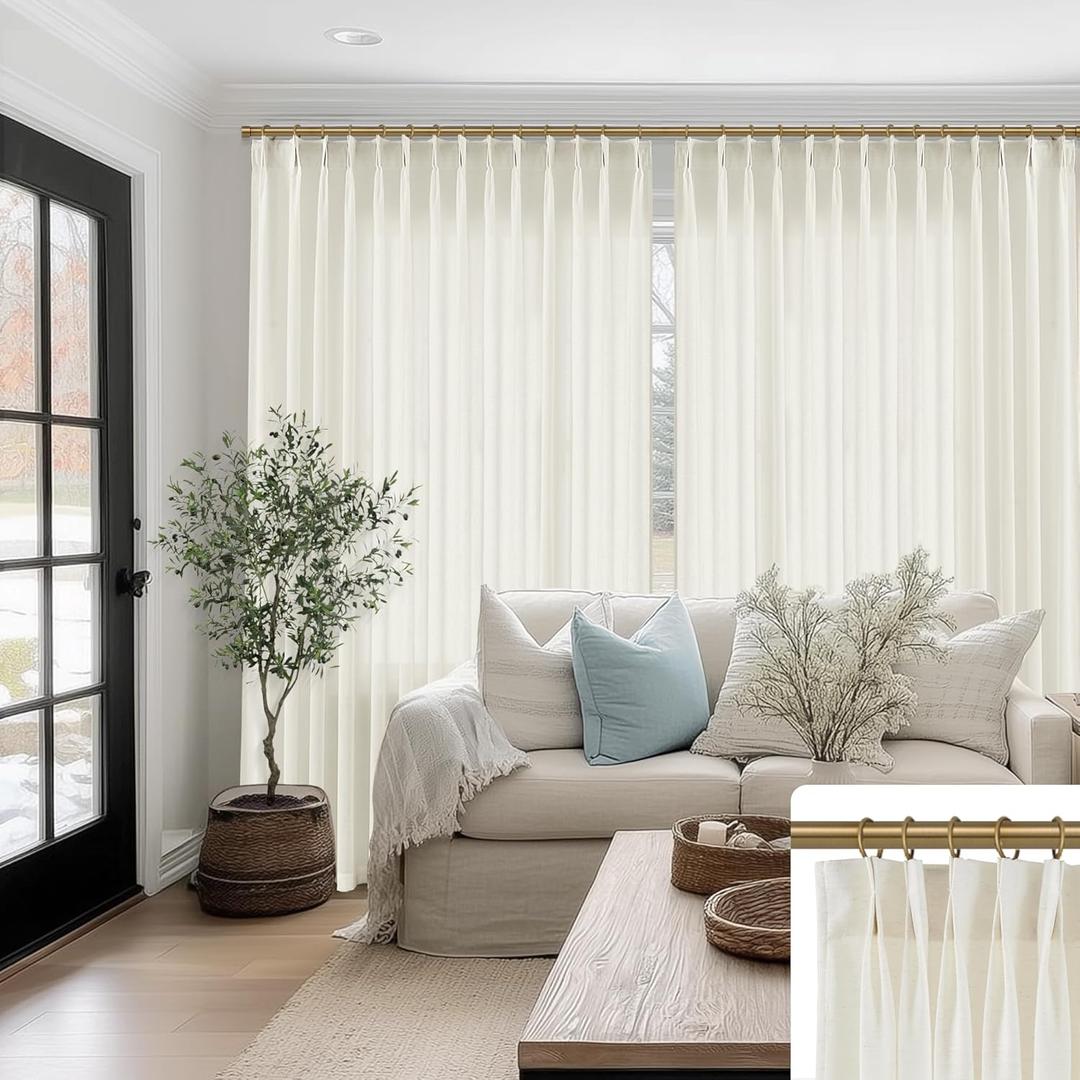 SHINELAND 102 Inch Long Pinch Pleated Linen Curtains Drapes for Living Room,Light Filtering Sheer Window Curtains 2 Panels Set (Natural)