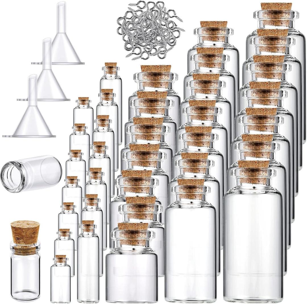 Geiserailie 45 Pcs Mini Glass Bottles with Cork Stoppers Spell Jar Mini Glass Vials Potion Bottles Clear Wishing Jars with 50 Eye Screws 3 Funnels for Party Favors DIY Art Crafts Decoration(Medium)