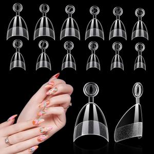 LIONVISON Short Almond Nail Tips Half Cover, 600PCS Extra Short Almond Soft Gel Nail Tips, Pre-shaped Clear False Nails with Handles for Acrylic Nail Salon with Box 12 Sizes