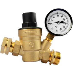 LCW RV Camper Water Pressure Regulator Brass LEAD FREE Adjustable Pressure Gauge