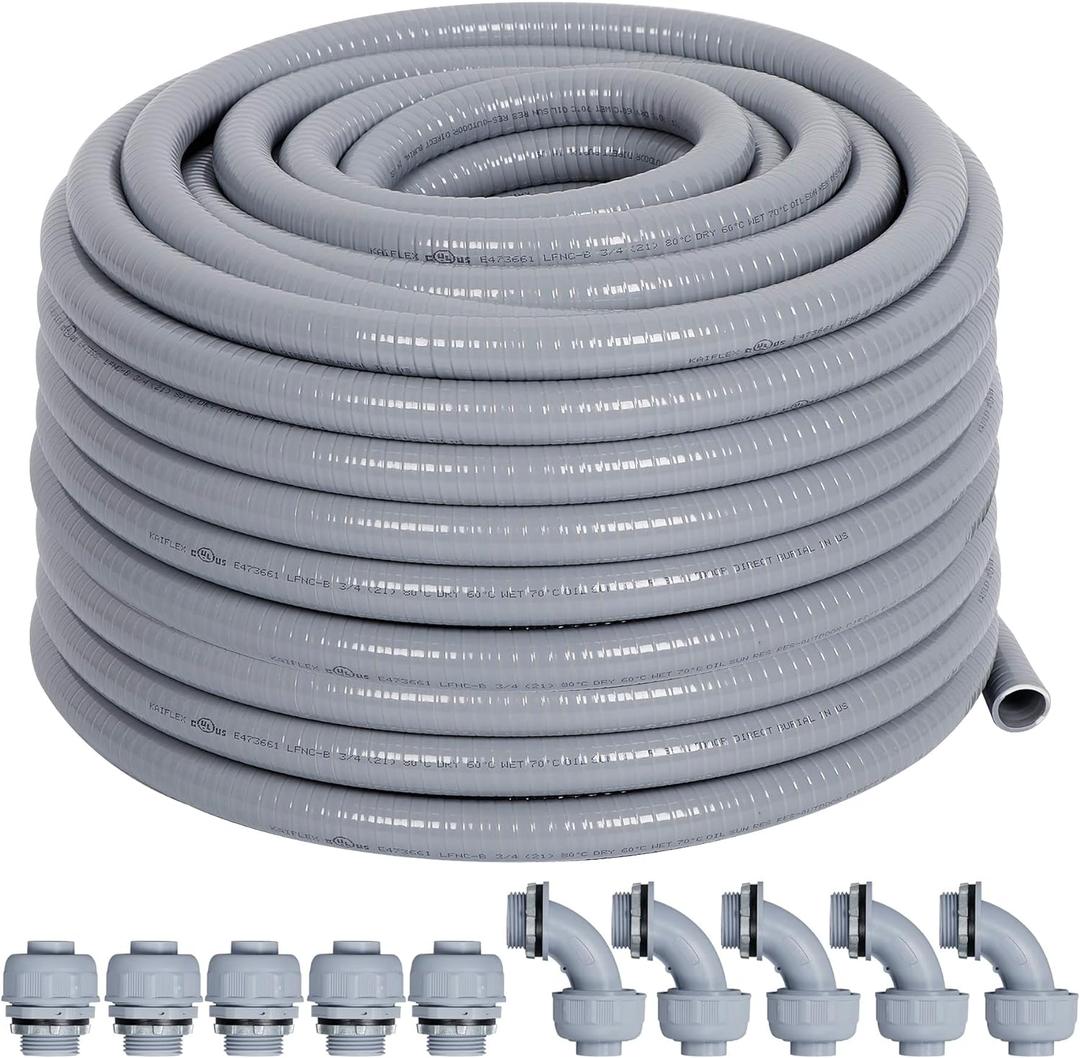 Liquid-Tight Conduit 3/4 50ft, Electrical Conduit w/UL Certification, Flexible Conduit with 5 Straight and 5 90-Degree Conduit Connector Fittings