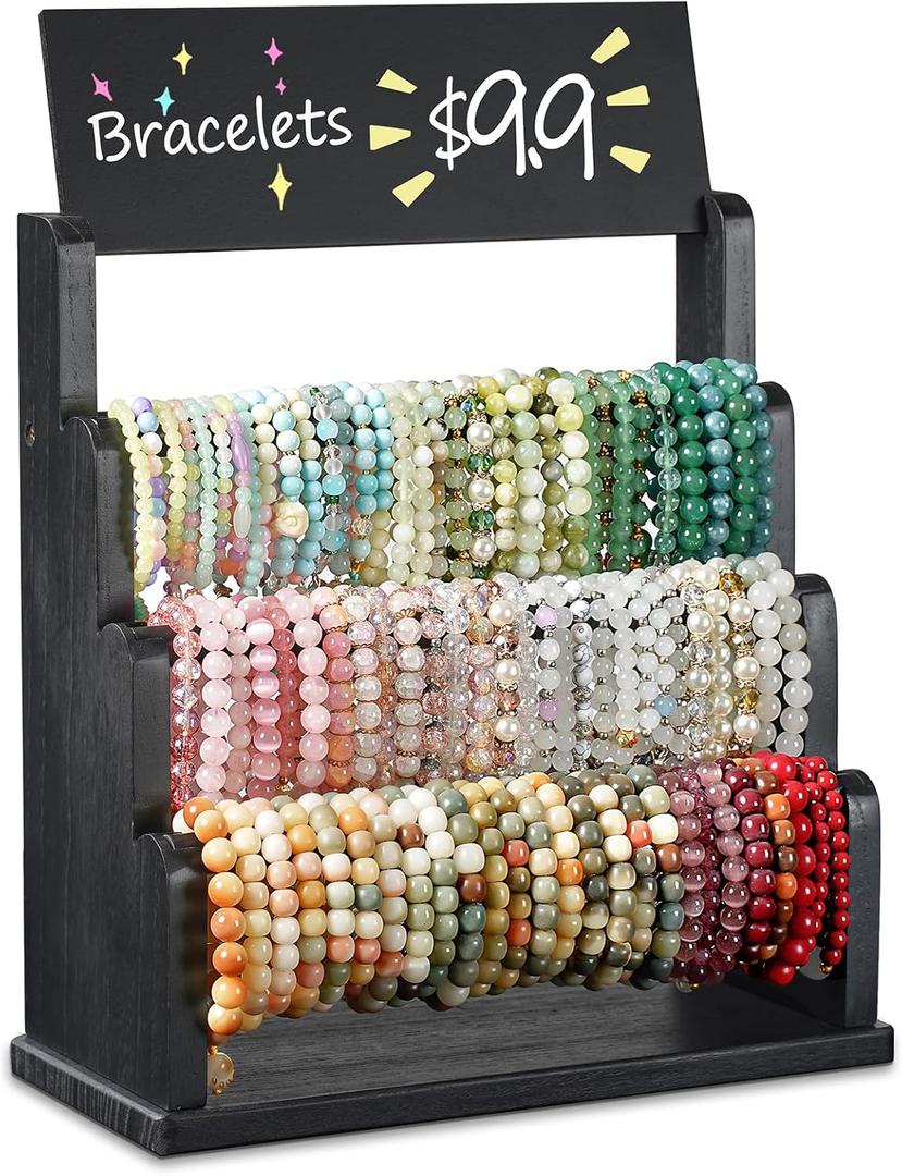 Emfogo Bracelet Holder with Advertising Board, 3 Tier Bracelet Organizer Stand Storage for Bracelets Bangles Watch Scrunchies, Rustic Wood Jewelry Display for Vendors, Craft Shows & Store (Black)