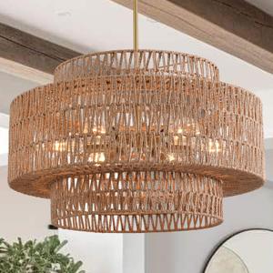 Boho Rattan Chandelier, 6-Light Dining Room Light Fixture,23.62" Wicker Pendant Lighting with3-Tier Woven Lampshade, Large Farmhouse Chandeliers for Kitchen