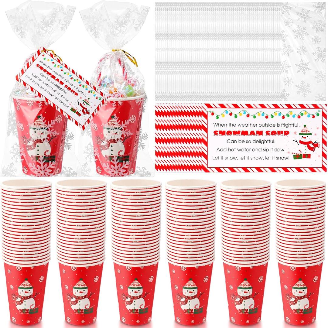 100 Sets Christmas Snowman Soup Kits for Classroom Coworker Gift 12 Oz Winter Snowman Paper Cups for Hot Cocoa Chocolate Marshmallow Soup Tags Clear Xmas Bags (Vibrant)