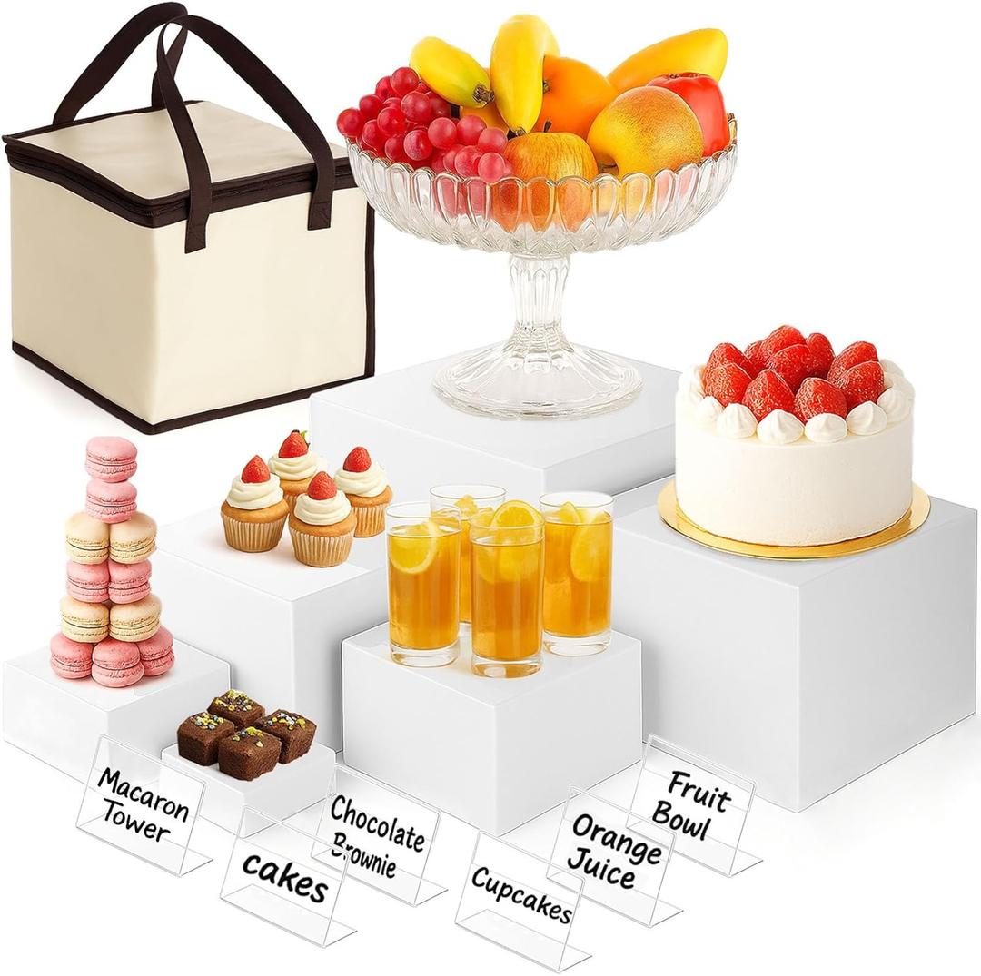 DomeStar 6PCS White Acrylic Buffet Risers with Mini Sign, Food Risers Dessert Table Display Set for Buffet Table Party Catering Cupcake Cake Jewelry, Nesting Boxes for Food Display (8" 7" 6" 5" 4" 3")