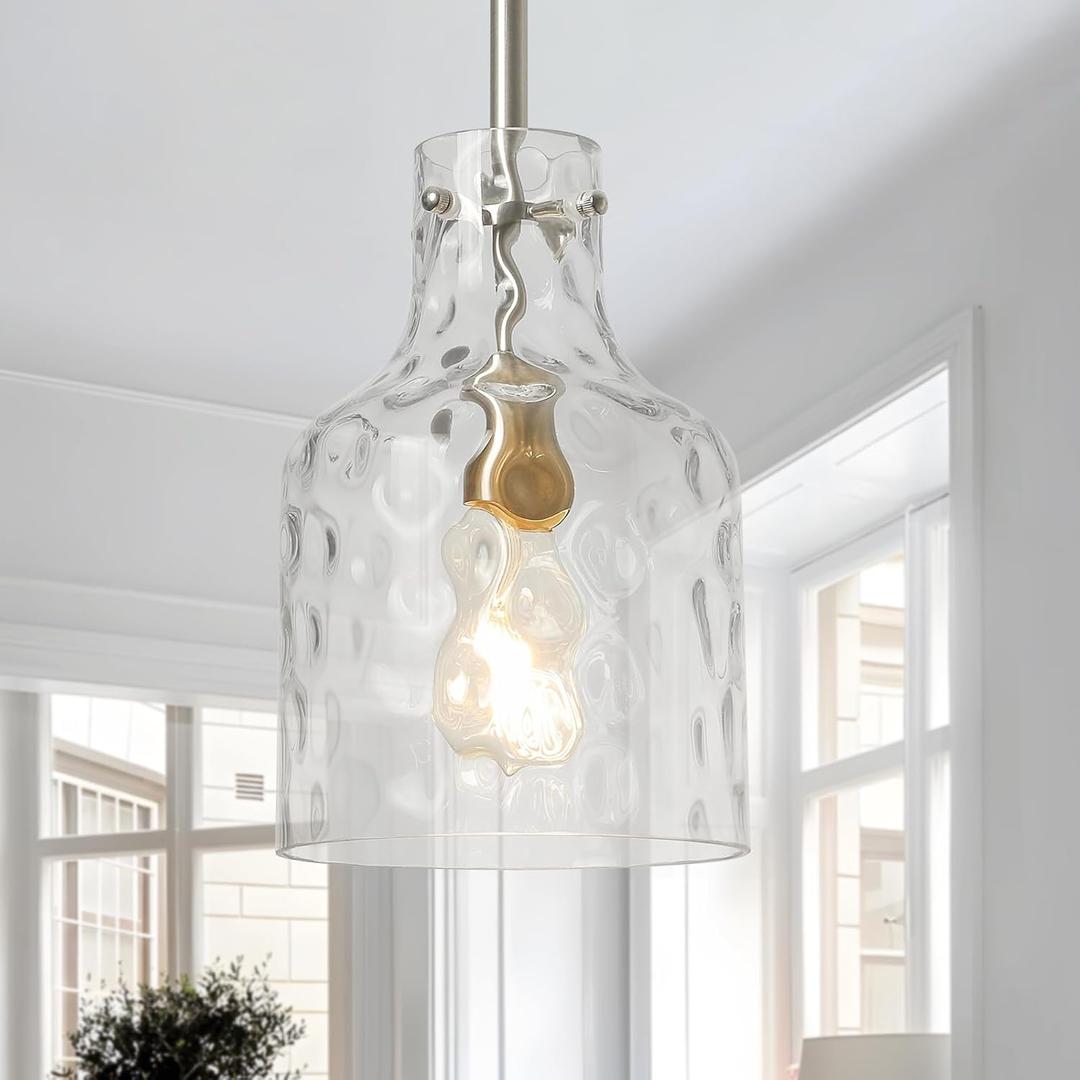 WILON Modern Glass Pendant Lighting for Kitchen Island, Farmhouse Pendant Lights for Dining Room Kitchen Sink, Adjustable Hanging Ceiling Light 7" Hammered Glass Shade, Brushed Nickel Metal Finish, 1-Light-Large