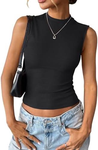 EasyGala Womens Cotton Ribbed Tank Tops Sleeveless Mock High Neck Top Fitted Basic Summer Cami Shirts Y2K Outfits 2025, S