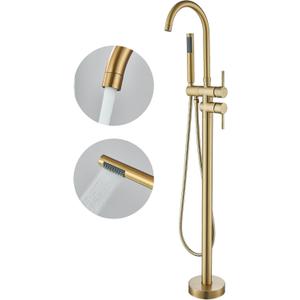 Freestanding Bathtub Faucet Floor Mount Tub Filler Brushed Gold High Flow Shower Faucets with Handheld Shower Mixer Taps Swivel Spout for Bathroom
