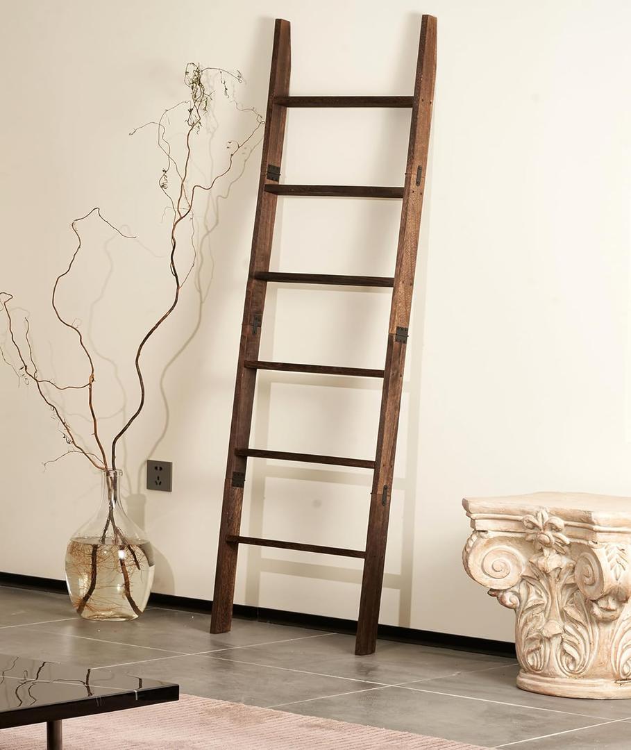 Blanket Ladder for the Living Room 6-Tier, Wooden Decorative Quilt Holder for Bed room, Wall-Leaning Towel Rack for BathroomRustic Farmhouse Ladders for Display. (Dark Brown)