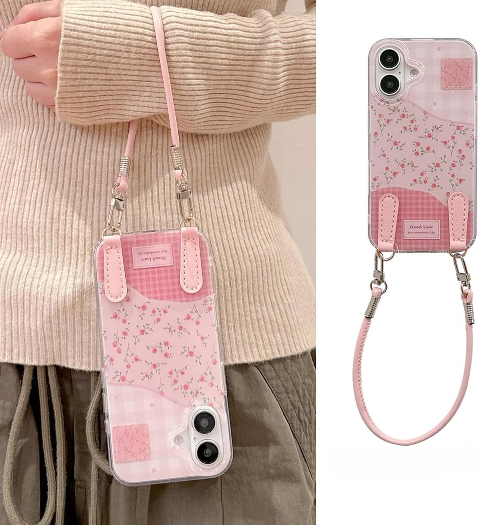 for iphone15pro/14/13 caseFloral Print Phone Case with Crossbody Strap for iPhone16promax, PinkProtective Women Girl's Phone Cover (iphone14pro)