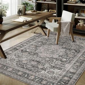 4x6 Washable Vintage Area Rug Black Grey Entryway Office Carpet Non-Slip Soft Low Pile Distressed Indoor Throw Rug for Living Room Bathroom Dining Room