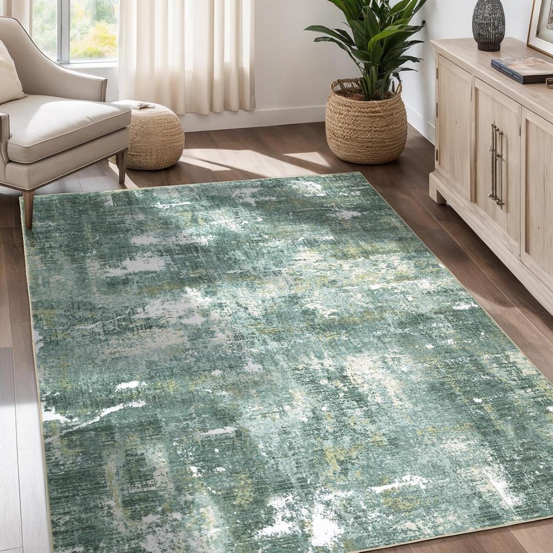Modern Abstract Washable Area Rug for Living Room,Low Pile 5x7 Non Slip Carpet Non-Shedding Area Rug Soft Indoor Stain Resistant Rug Sage Green