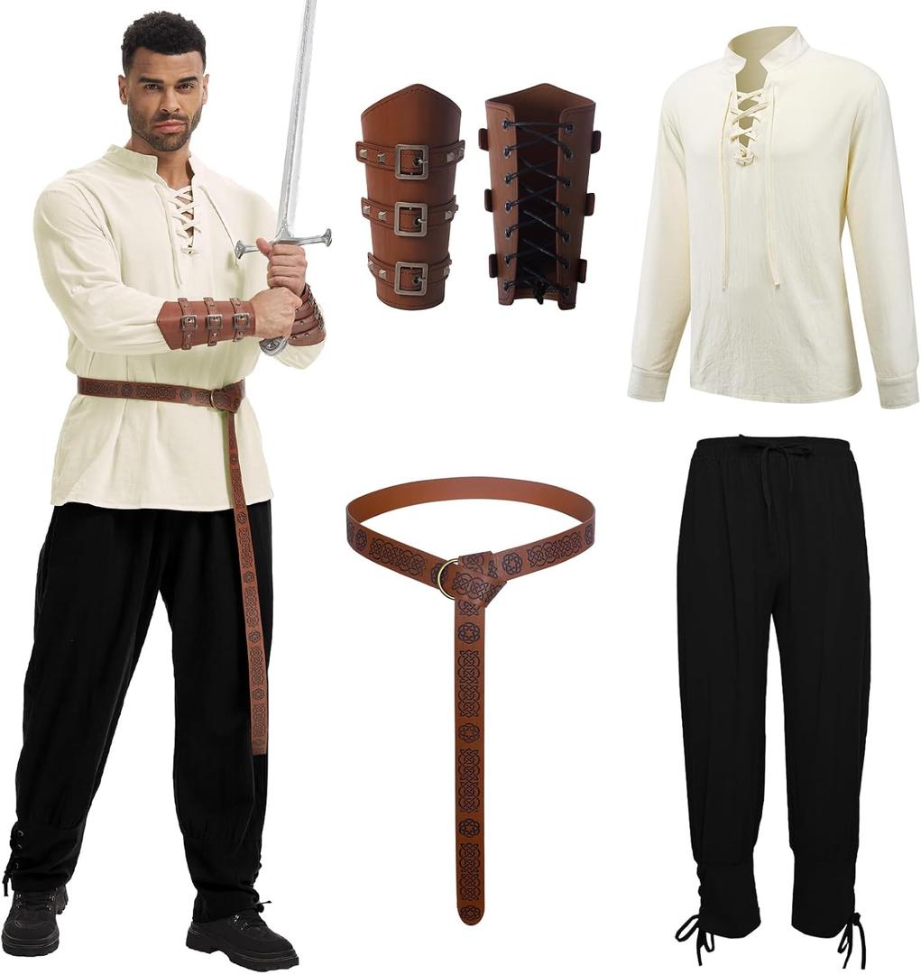 Men's Renaissance Costume Halloween Medieval Pirate Shirt Ankle Banded Pants Viking Belt Accessories (Black, L)