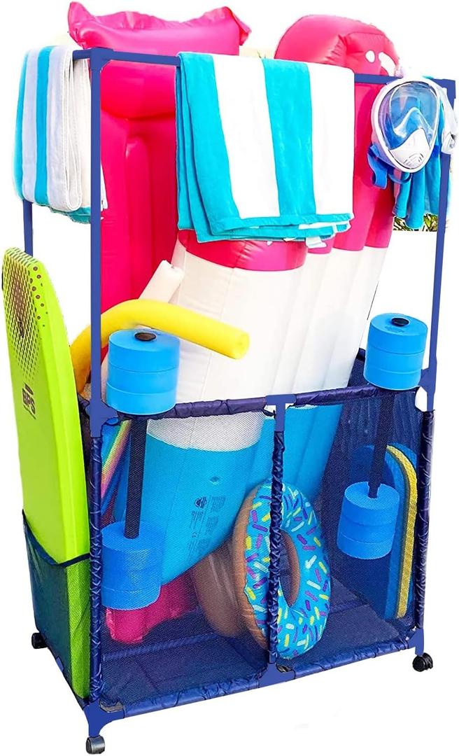 Essentially Yours Pool Equipment Holder with Towel Drying Bars, Mesh Rolling Pool Storage Organizer Bin, Extra Large with Towel Hanger, (34.5" W x 25" L x 62.6" H), Blue Style 418566