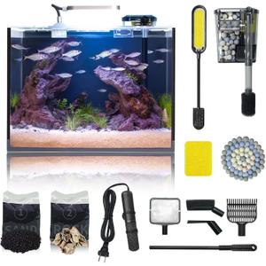 Wonderfactory 5 Gallon Small Aquarium Set Glass Fish Tank 6 Gallon, Starter Kit with Heater Water Pump Cleaning System Filter Bright Light Rocks Gravel Cleaning Tool, Clear Rimless Betta Plants