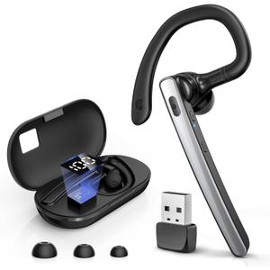 Bluetooth Headset V5.3, Wireless Bluetooth Earpiece with 600mAh Charging Case, 110H Playtime, Hands Free Headset for Cell Phone and Computer with Built-in Microphone for Work Trucker Office (Silver)