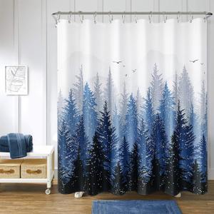 Hokibero Long Shower Curtains 78 Inches Blue and White Shower Curtain Water Repellent Waffle Hotel Quailty Curtains for Bathroom Mountain Tree Woodland, 72x78, Blue