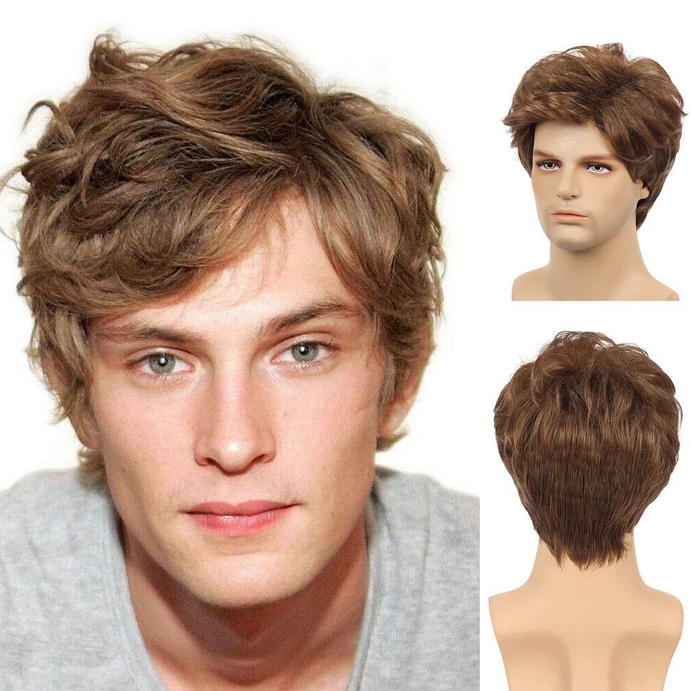 Kaneles Mens Brown Short Wig Curly Synthetic Laeyered Natural Hair Costume Full Wig (Brown) (black)