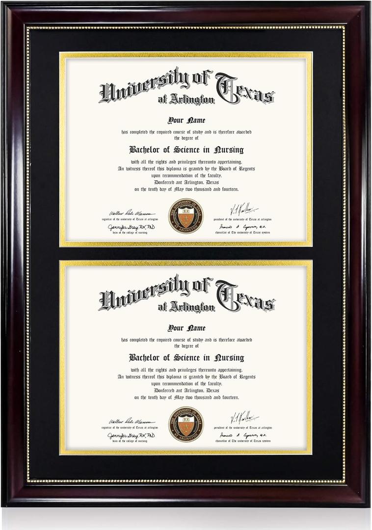GraduationMall 14x20 Double Diploma Frame, Display 8.5x11 Certificate with Black over Gold Mat,UV Protection Acrylic,Mahogany with Gold Beads
