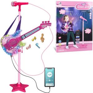 TAKIHON Guitar and Microphone Set for Kids,Guitar Toys with Music&Colorful Light,Adjustable Height Microphone with Stand,Karaoke Toys Gift for Boy,Girls,Toddlers(Red)-Upgraded