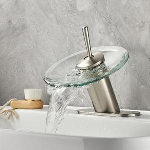 Waterfall Bathroom Sink Faucet Unique Brass Modern Circle Glass Waterfall Faucet for Basin Vanity Single Hole Pedestal Sink Faucets One Handle Corner Sink Bathroom Faucet, Brushed Nickel