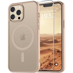 vnnink for iPhone 13 Pro Max Case with Screen Protector,Magnetic Matte Military Grade Drop Protection Translucent Cell Phone Cover - Slim Rugged Durable Shockproof Bumper Cover-Desert Gold