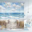 Riyidecor Beach Shower Curtain 60Wx72H Inch Blue Beachy Ocean Coastal Oil Painting Sky Summer Hawaiian Modern Landscape Scenery Nature Bathroom Decor Fabric Polyester Waterproof 12 Pack Hook