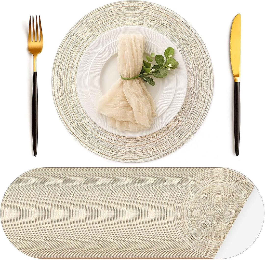 Geosar 100 Pcs Disposable Paper Placemats Cotton Woven Look 13'' Round Placemats Rustic Disposable Table Pads Bulk for Dining Table Decoration Birthday Wedding Bridal Baby Shower Party (Beige)