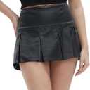 Beinia Women's PU Faux Leather Black Mini Skirt, Mid-Low Waist Short Pleated Skirt Medium, Black 