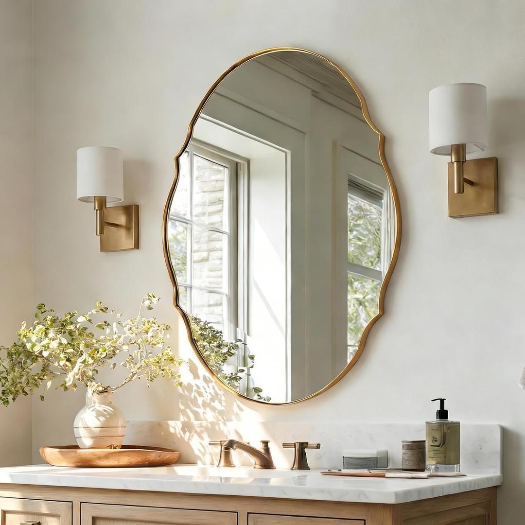 ANDY STAR 30x40 Large Brushed Gold Scalloped Oval Bathroom Vanity Mirror