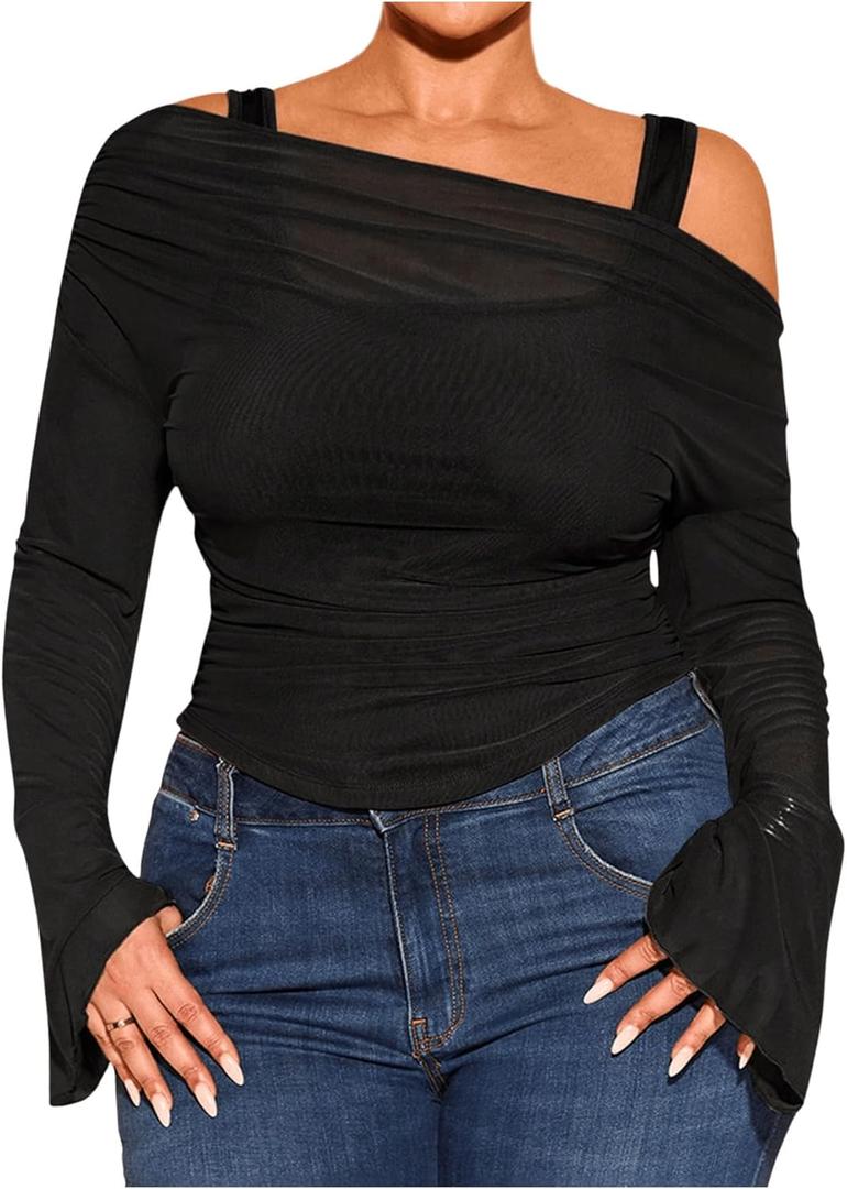 WDIRARA Women's Plus Size 2 in 1 Off Shoulder T Shirt Ruched Sheer Bell Long Sleeve Tee (XX-Large Plus, Black)