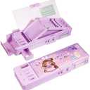 Humyoun Multifunctional Pop up Pencil Case for Girls, Cute Cartoon Pen Box Organizer with Password Lock, Sharpener, Schedule, Birthday Stationery Gifts for Kids (Purple, Magic World)