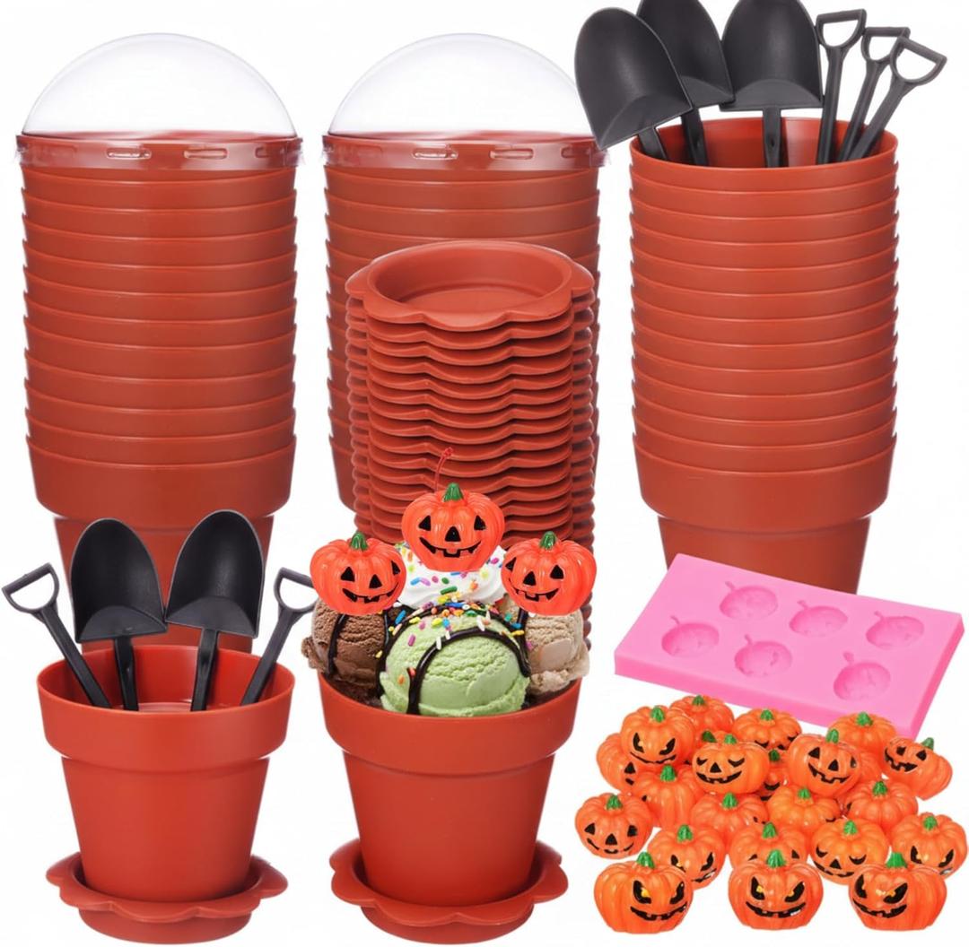 Maxdot 24 Pack Halloween Flowerpot Dessert Cup with Lids and Shovel Spoon Bottom Tray Halloween Cake Decoration Mold Small Flowerpot Cups Dessert Ice Cream Holder for Party DIY Supplies(Pumkin)