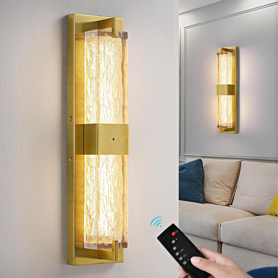 Battery Operated Resin Wall Sconce - Wireless Rechargeable Gold Wall Light Dimmable LED Remote Wall Sconces Lighting Modern Cordless Brushed Brass Vanity Light Fixture for Living Room Bedroom Bathroom (19 Inch)