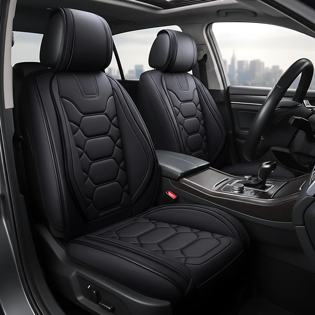 OASIS AUTO Car Seat Covers Front Seats, Sporty Honeycomb Waterproof Faux Leather Protectors, Universal Fit for SUV, Sedan, Truck Interior Accessories (OS-004 Black)
