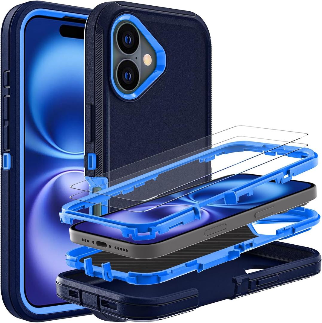 for iPhone 16 Case, Military Grade 3 in 1 Heavy Duty Shockproof/Drop Proof/Dust Proof Case with 2Pcs Tempered Glass Screen Protector (Navy Blue)
