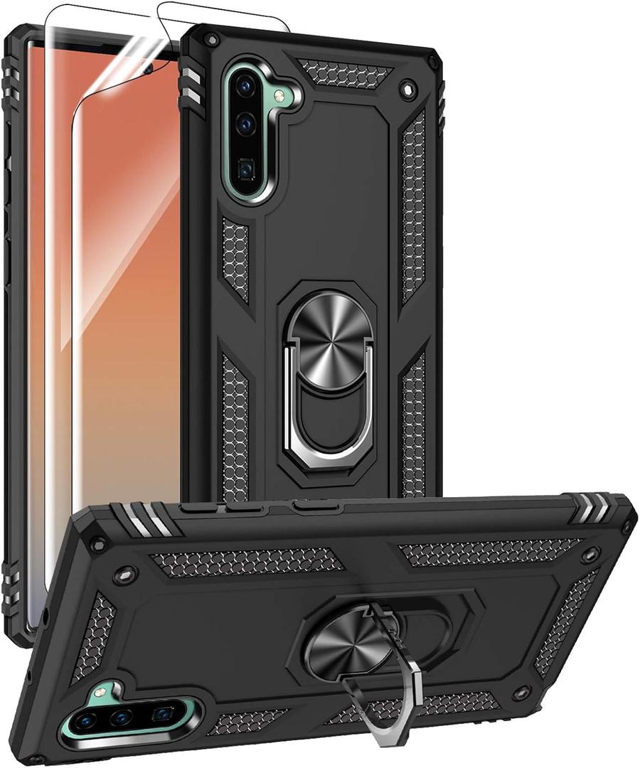 For Samsung Galaxy Note 10 Case, Note10 Case with HD Screen Protectors, Military-Grade Metal Ring Holder Kickstand 15ft Drop Tested Shockproof Cover Case for Samsung Note 10 (2019) Black