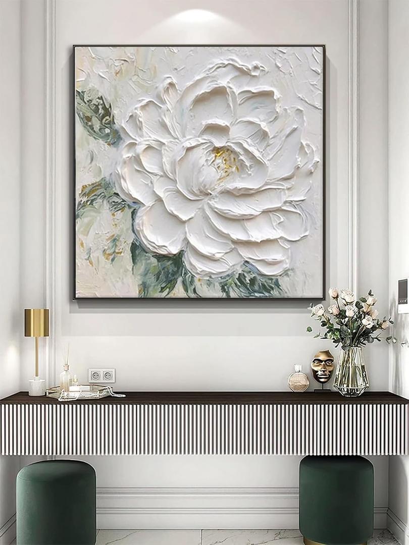 Hand Painted White Flower Oil Painting for Kitchen, Large 3D Floral Canvas Wall Art for Living Room, Framd Modern Wall Decor for Bedroom,Office Home Decor 32" x 32" (GSD-404)