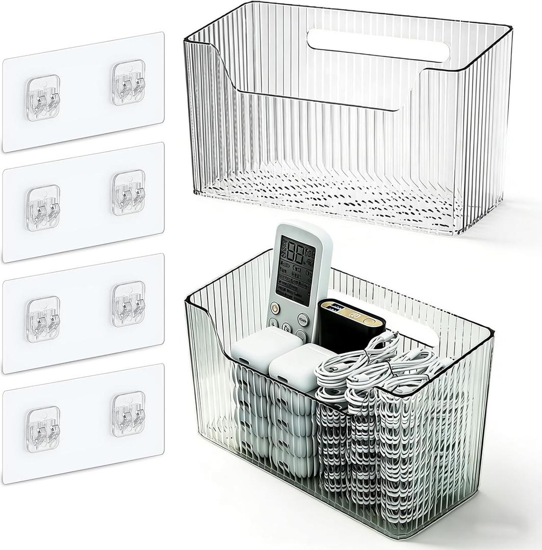 Set Of 2 Storage Organizer Bins Wall Mounted Shower Basket, Shower Caddy Stackable Clear Plastic Makeup Organizer Adhesive Hanging Bin for Bathroom, Kitchen, Cabinet, Pantry, BPA Free, Clear