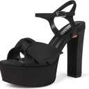 Platform Heels for Women Chunky Block High Heeled Strappy Sandals with Bow Comfortable Open Toe Ankle Strap Wedding Party Dress Shoes (6, Black)