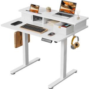 JOY worker Small Electric Standing Desk, 35" x 25" Height Adjustable Desk with Built-in Monitor Stand & Storage Drawer, White Sit Stand Table with 2 Hooks for Home Office
