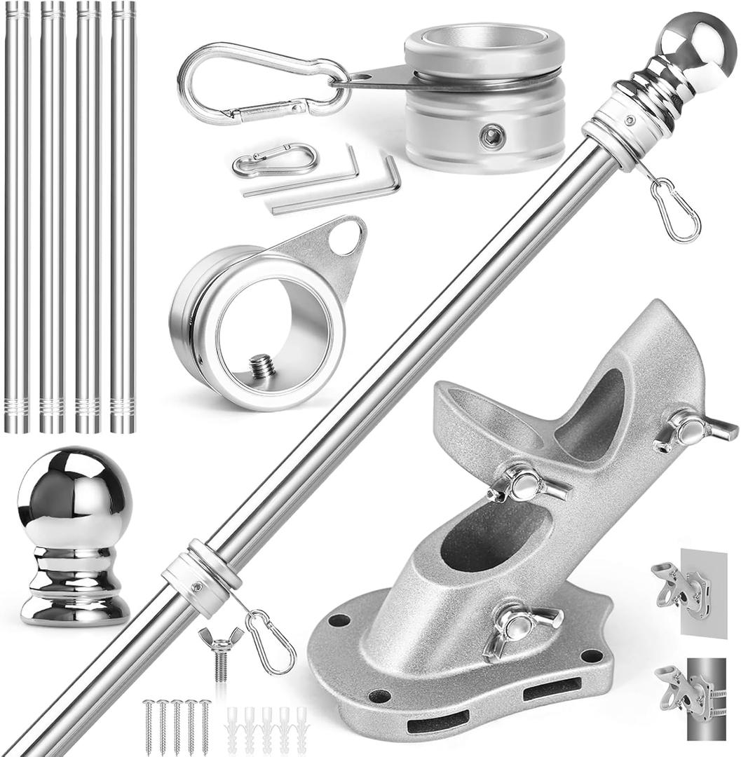 Anovo Flag Pole Kit- Stainless Steel 5 FT Flag Poles with1 Inch Metal 360 Rotating Flag Pole Rings Clip, Two-Position Flag Pole Holder Brackets Mounting for Outside House Outdoor Porch(5 FT - Sliver)