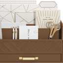 WISUCART Bamboo Desk Organizer Mail Holder Countertop Wood Desk Drawer Tabletop Storage Box Pen Holder Letter Sorter Makeup Organizer for School Home Office Supplies with Pen Holder Brown